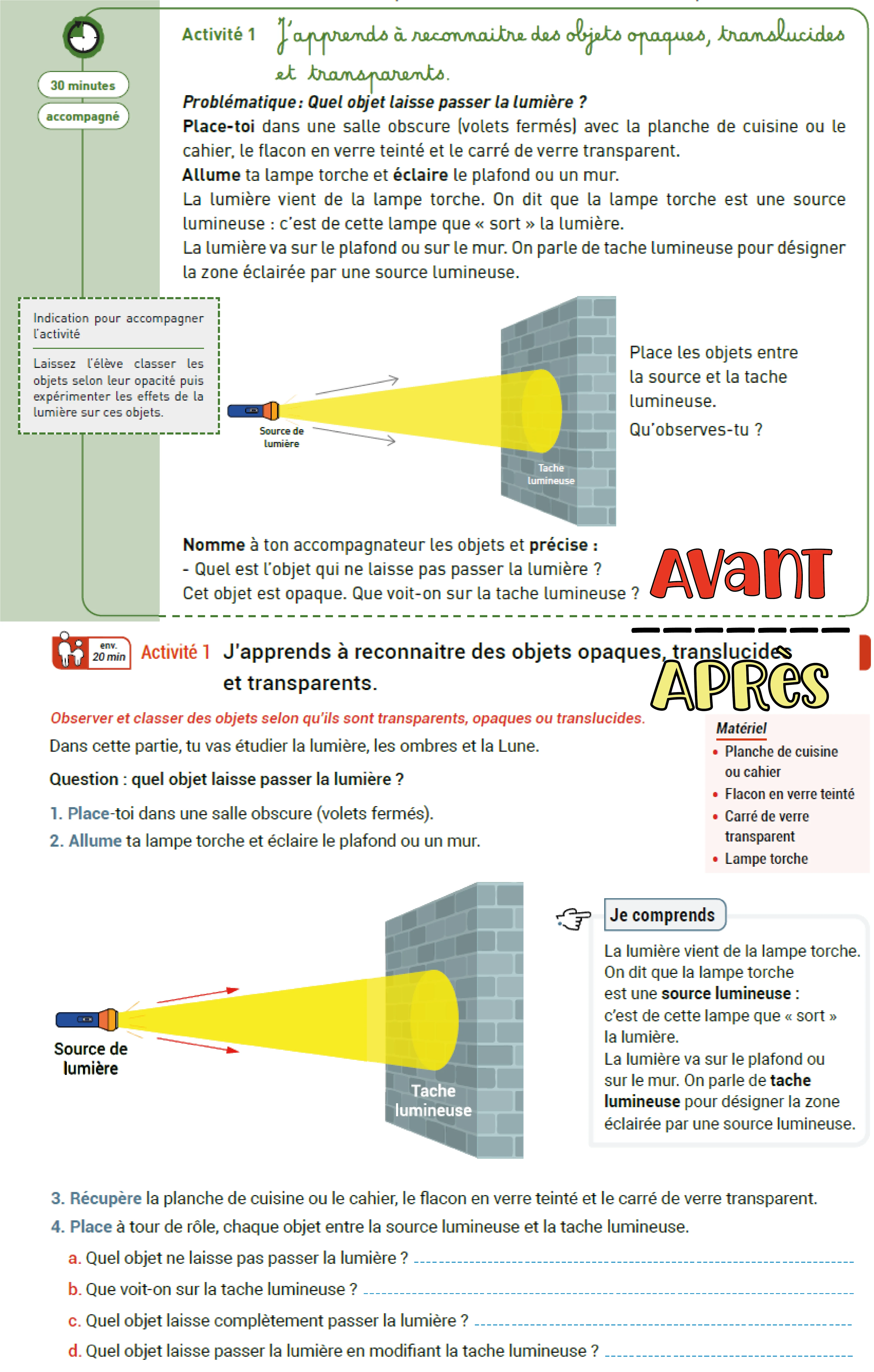 Comparatif avant après module CNED — activité sciences opaques translucides transparents